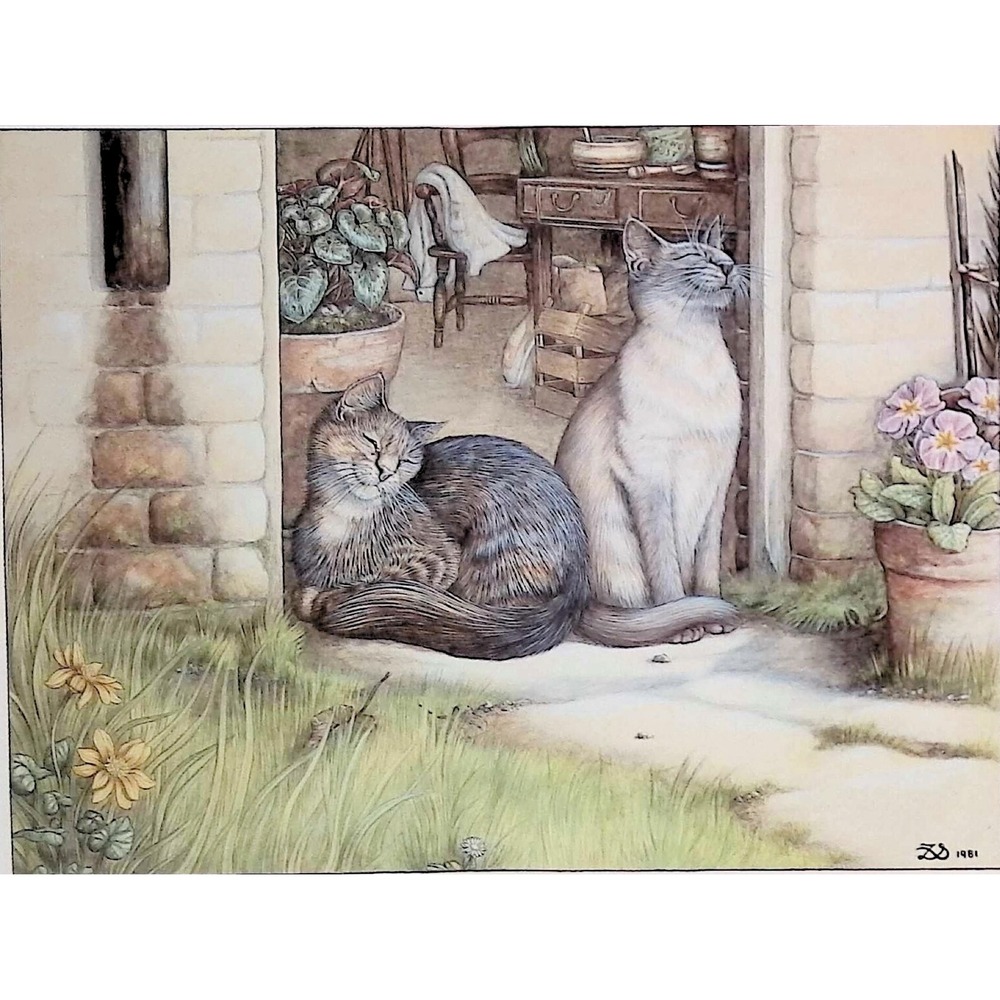 Vintage 1981 Cat Art Book Plate Two Cats Cottage Garden Illustration Wall Decor